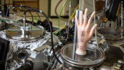 Image: A laboratory where you can see many devices and a hand with smart artificial skin; Copyright: Helmut Lunghammer – TU Graz
