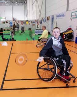 Photo: Person playing Para Badminton in the BRSNW Sports Center at REHACARE; Copyright: Messe Düsseldorf/Andreas Wiese