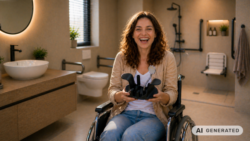 A woman using a wheelchair holds the 2LIP prototype in an accessible bathroom